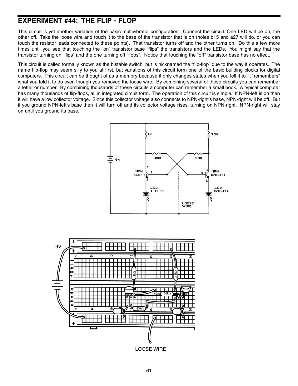 Experiment #44: the flip - flop | Elenco Basic Electronic Experiments User Manual | Page 61 / 72