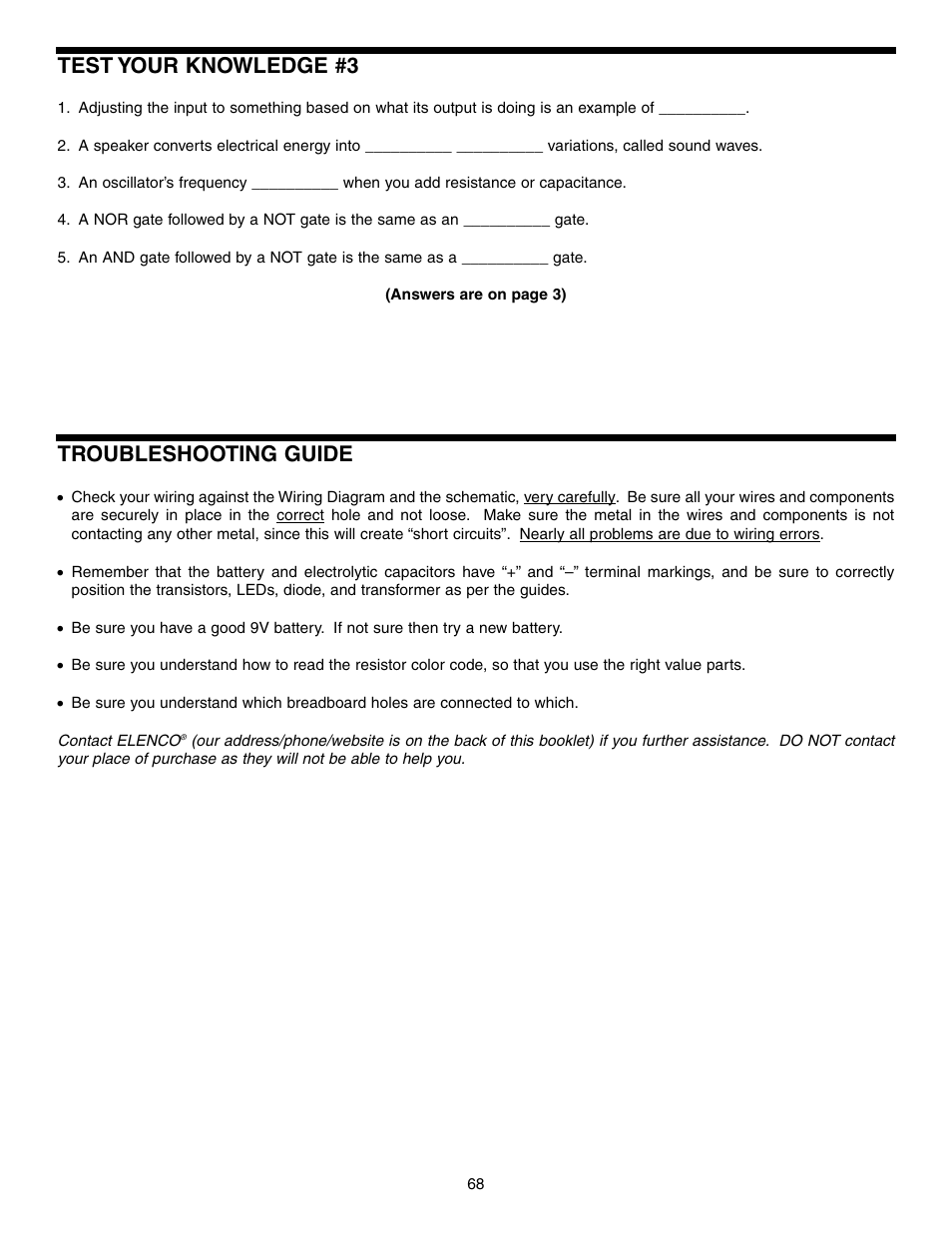 Test your knowledge #3, Troubleshooting guide | Elenco Basic Electronic Experiments User Manual | Page 68 / 72