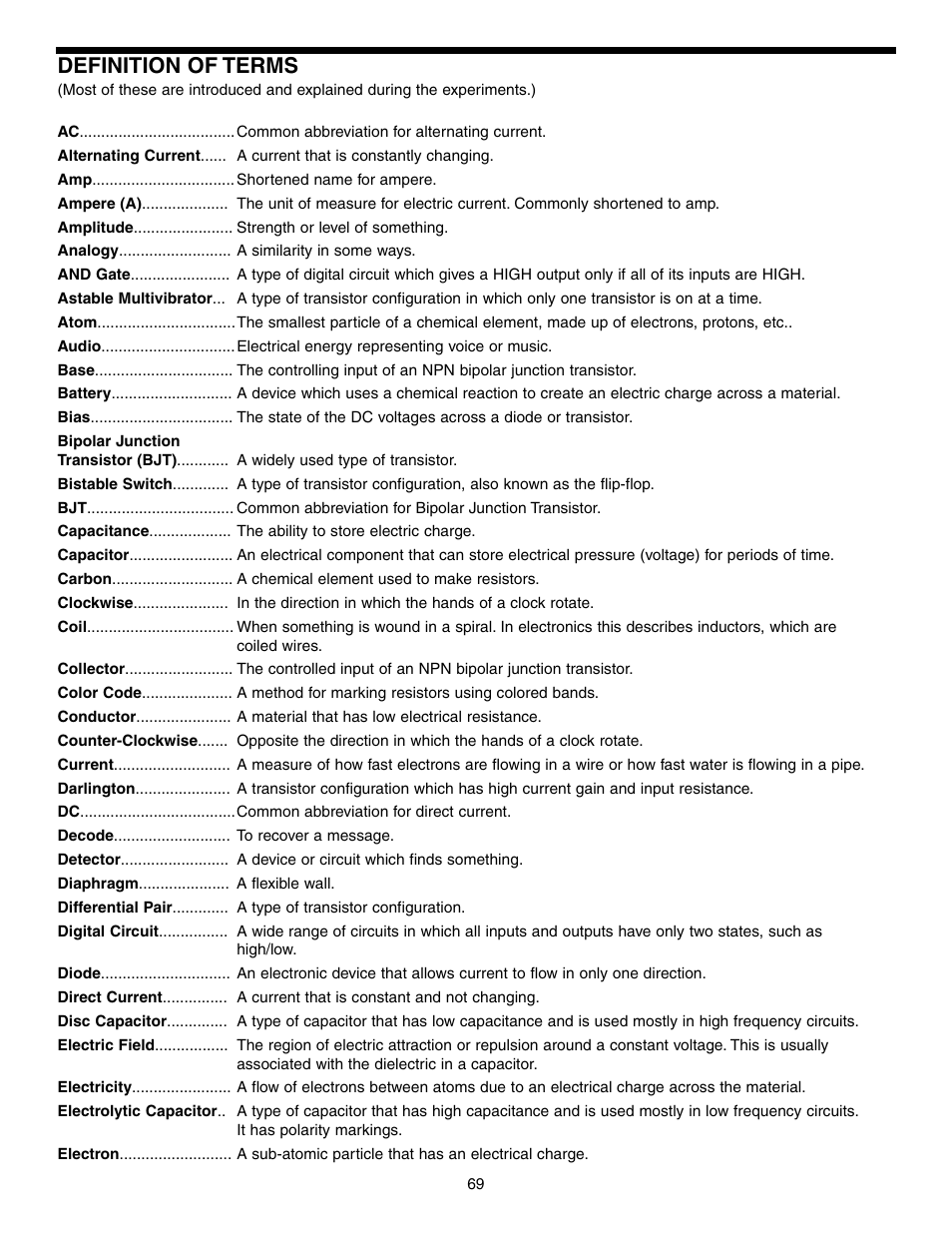 Definition of terms | Elenco Basic Electronic Experiments User Manual | Page 69 / 72