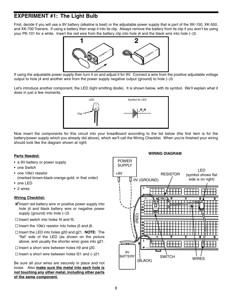 Experiment #1: the light bulb | Elenco Basic Electronic Experiments User Manual | Page 8 / 72