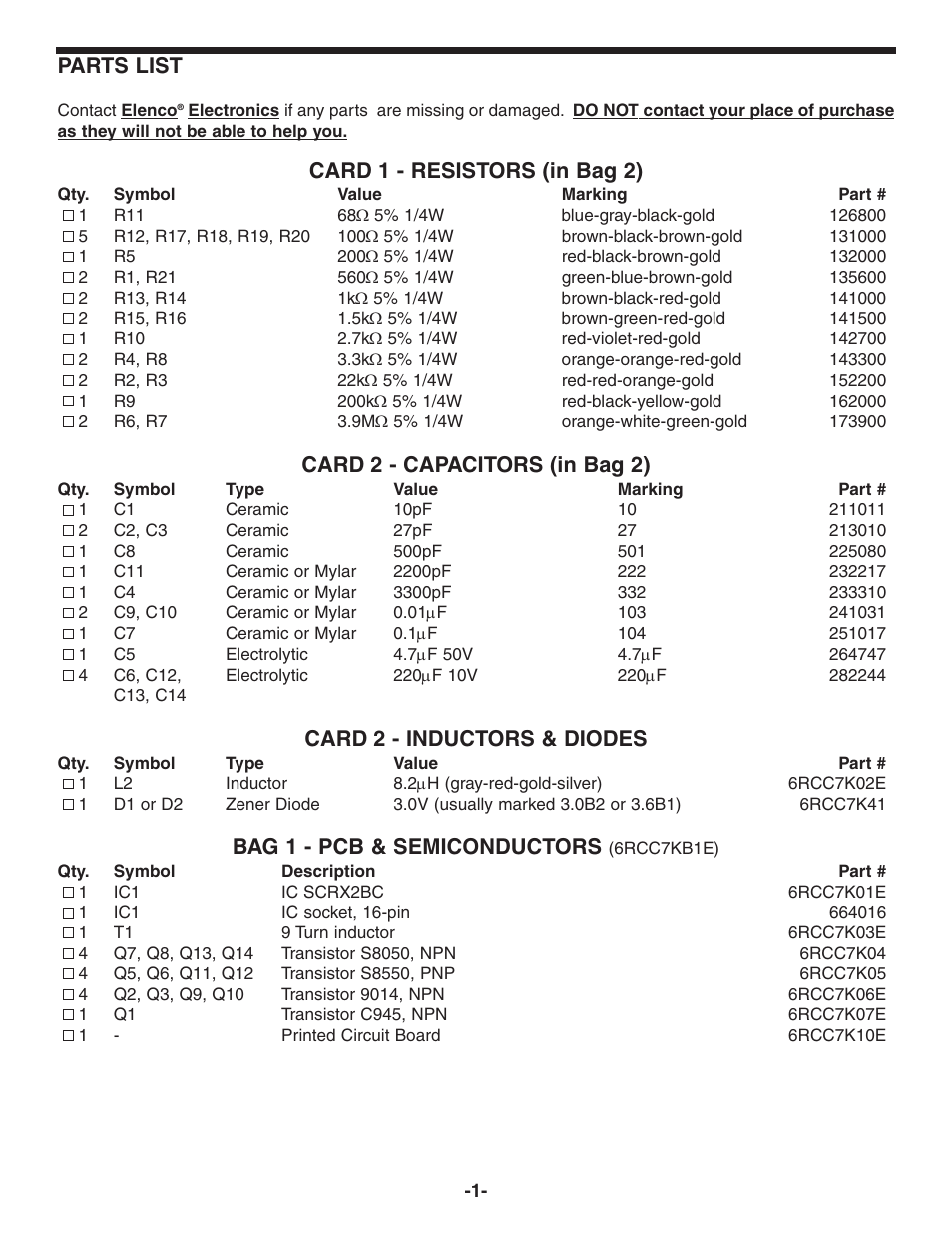 Parts list, Card 1 - resistors (in bag 2), Card 2 - capacitors (in bag 2) | Card 2 - inductors & diodes, Bag 1 - pcb & semiconductors | Elenco Radio Controlled Car Soldering User Manual | Page 2 / 36