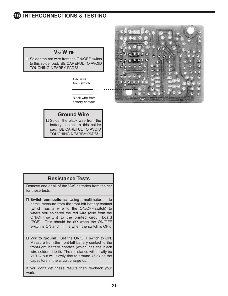 Resistance tests, Interconnections & testing, Ground wire | Wire | Elenco Radio Controlled Car Soldering User Manual | Page 22 / 36