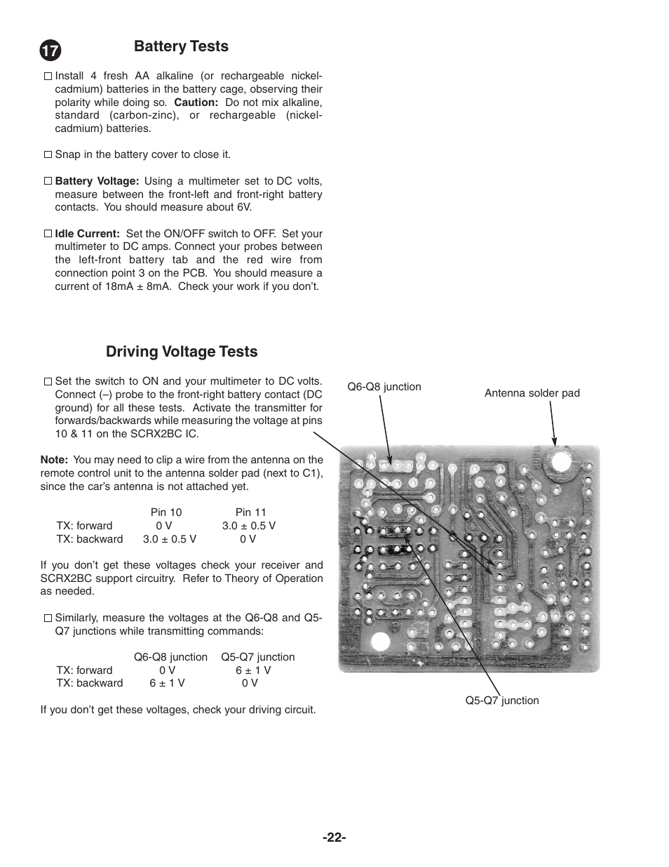 Battery tests, Driving voltage tests | Elenco Radio Controlled Car Soldering User Manual | Page 23 / 36