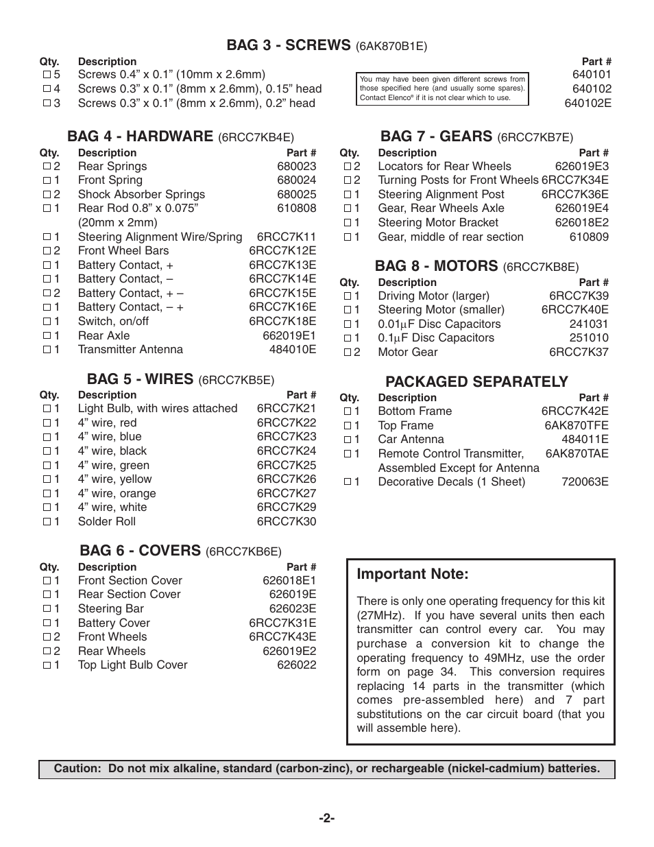 Bag 3 - screws, Bag 4 - hardware, Bag 5 - wires | Bag 6 - covers, Bag 7 - gears, Bag 8 - motors, Packaged separately | Elenco Radio Controlled Car Soldering User Manual | Page 3 / 36
