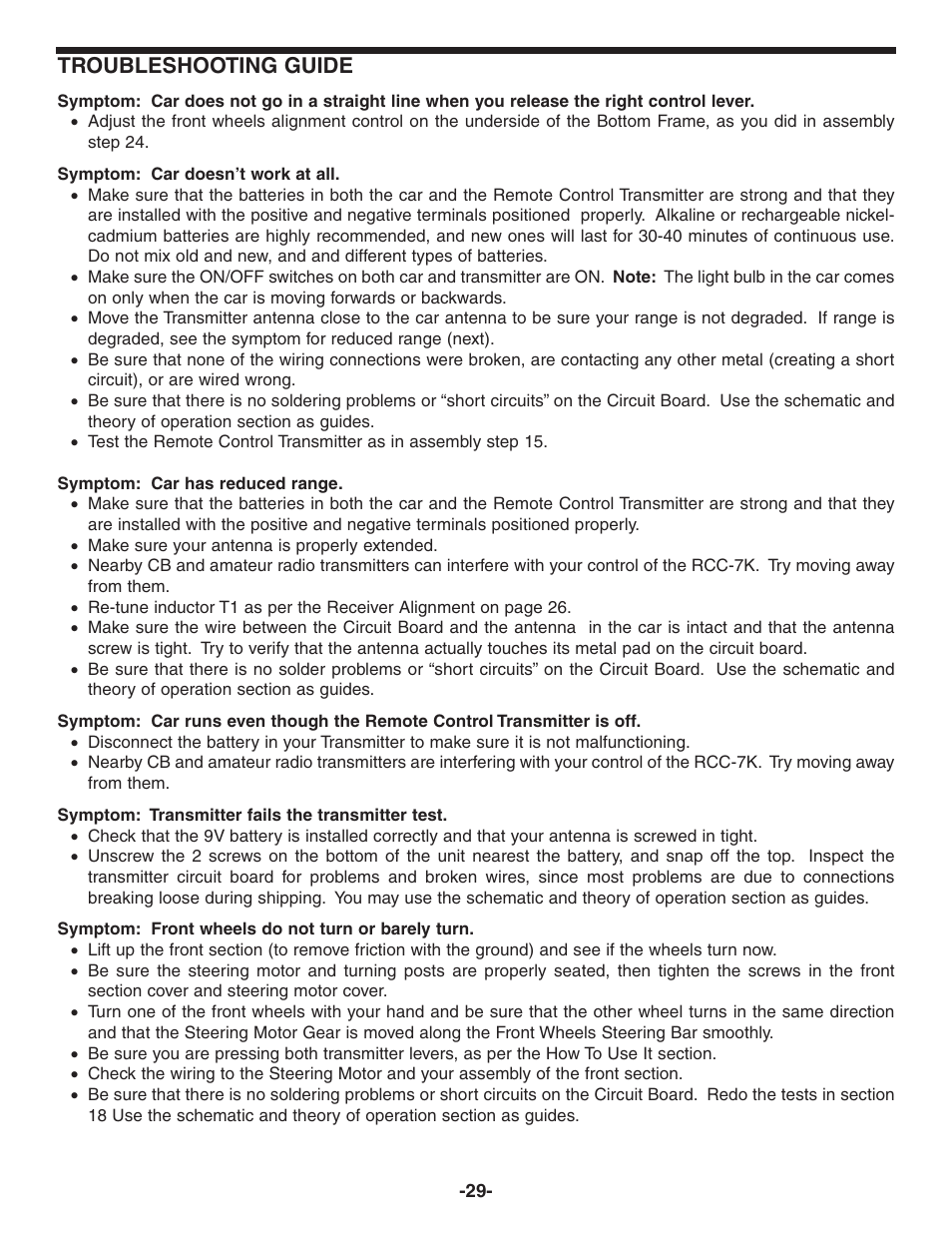 Troubleshooting guide | Elenco Radio Controlled Car Soldering User Manual | Page 30 / 36