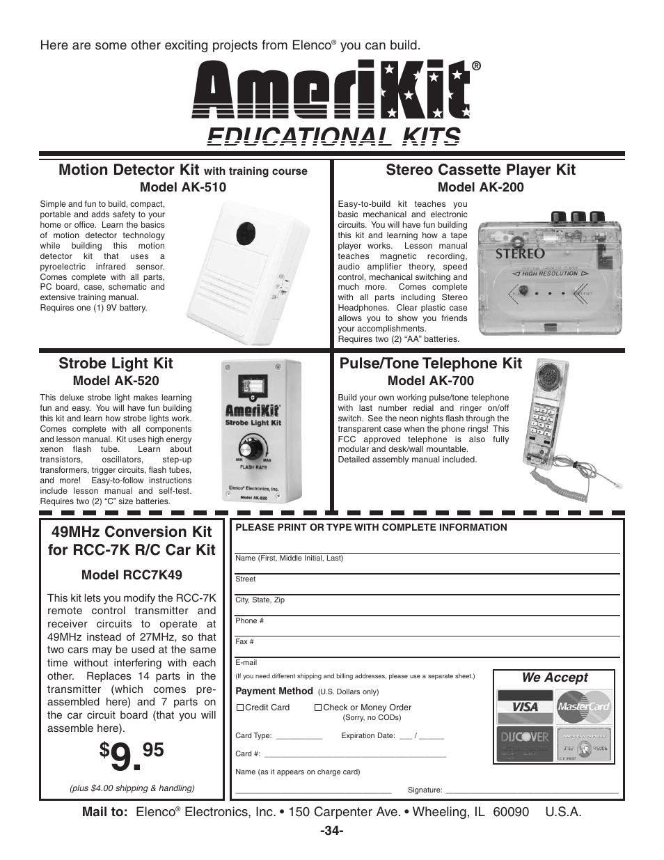 Educational kits, Pulse/tone telephone kit, Strobe light kit | Stereo cassette player kit, Motion detector kit, 49mhz conversion kit for rcc-7k r/c car kit | Elenco Radio Controlled Car Soldering User Manual | Page 35 / 36