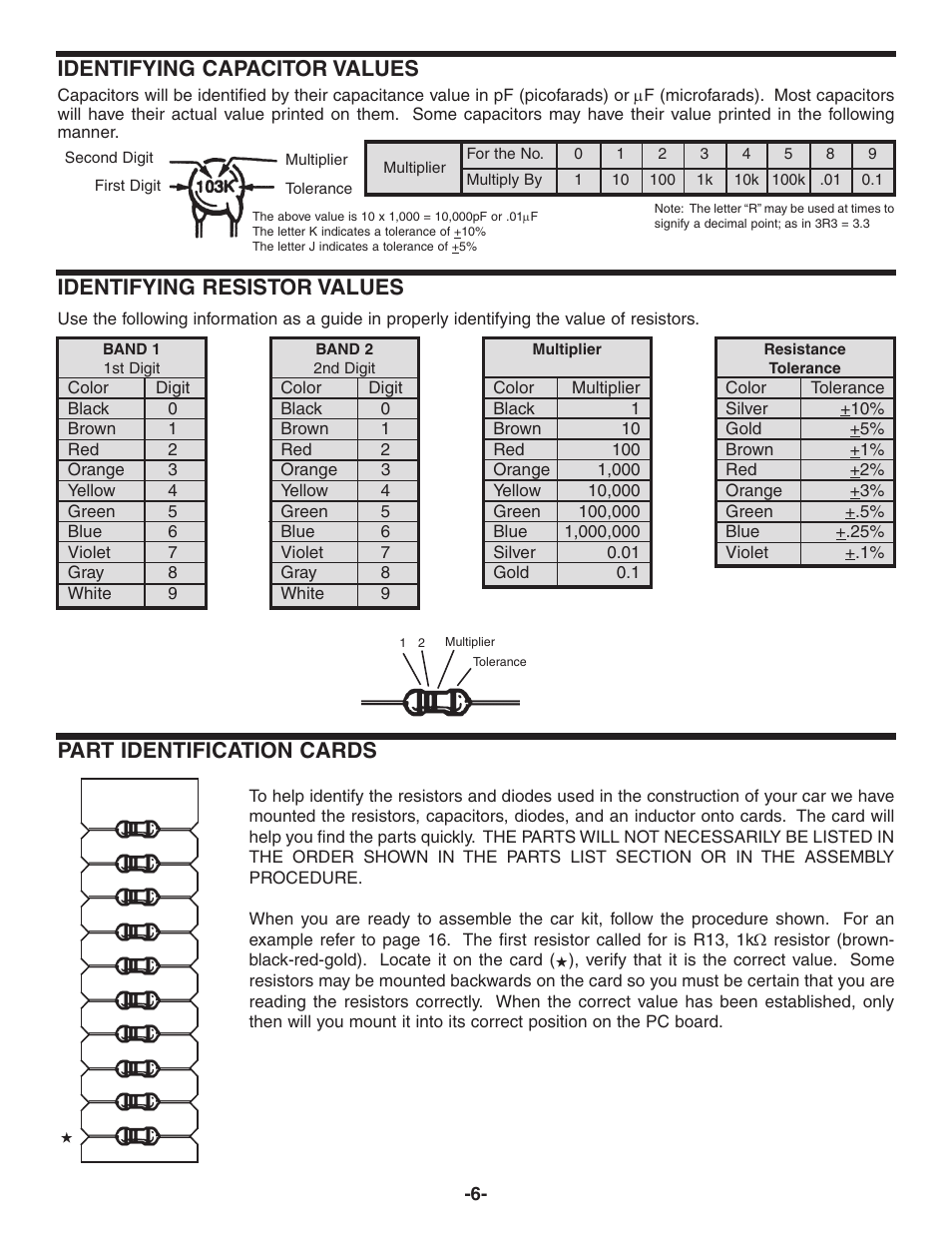 Part identification cards, Identifying capacitor values, Identifying resistor values | Elenco Radio Controlled Car Soldering User Manual | Page 7 / 36