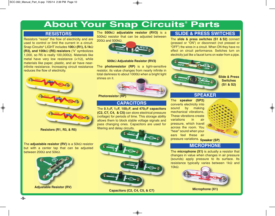 About your snap circuits, Parts | Elenco Snap Circuits® Deluxe Sound & Light Combo User Manual | Page 10 / 168