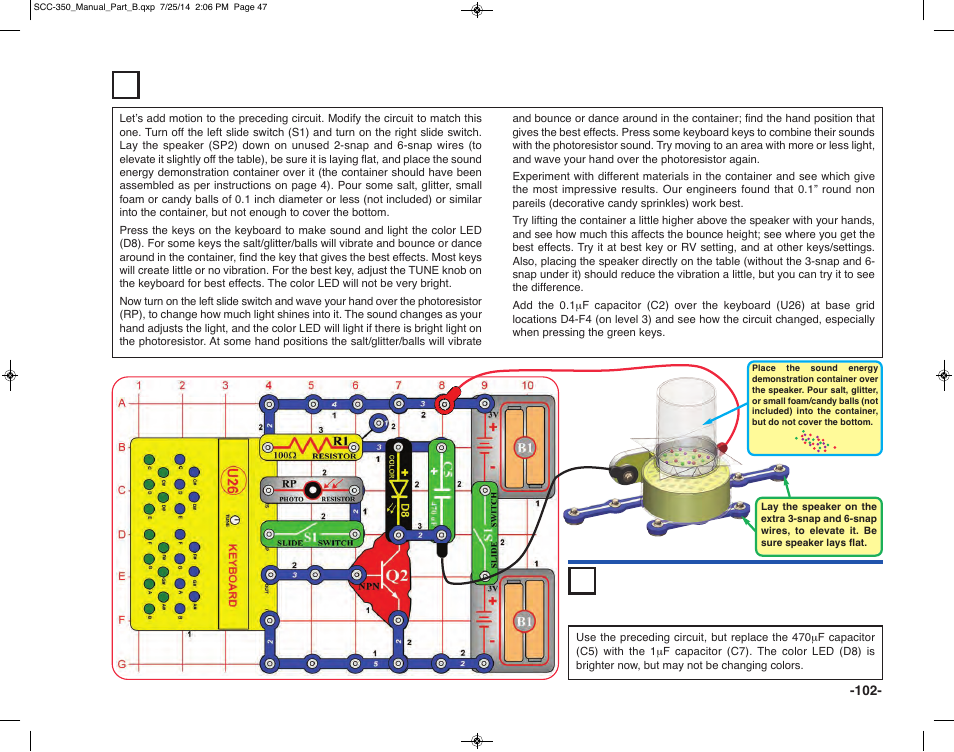 Project 201 light, sound, & motion, Project 202 brighter light, sound, & motion | Elenco Snap Circuits® Deluxe Sound & Light Combo User Manual | Page 103 / 168