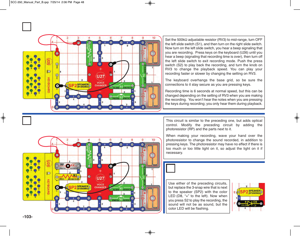 Project 203 keyboard with voice changer, Project 204 optical keyboard with voice changer, Project 205 | Keyboard voice changer & light | Elenco Snap Circuits® Deluxe Sound & Light Combo User Manual | Page 104 / 168