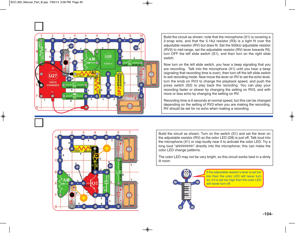 Project 207 sound controlled light, Project 206 voice changer with echo | Elenco Snap Circuits® Deluxe Sound & Light Combo User Manual | Page 105 / 168