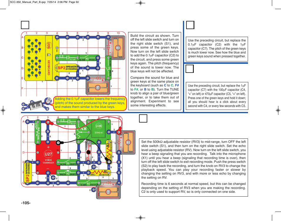 Project 208 low pitch keyboard, Project 211 echo speed changer, Project 209 lower pitch keyboard | Project 210 very low pitch keyboard | Elenco Snap Circuits® Deluxe Sound & Light Combo User Manual | Page 106 / 168