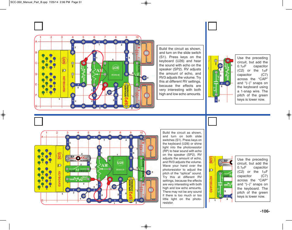 Project 212 keyboard echo, Project 214 optical keyboard echo, Project 213 lower pitch keyboard echo | Project 215 low pitch optical keyboard echo | Elenco Snap Circuits® Deluxe Sound & Light Combo User Manual | Page 107 / 168