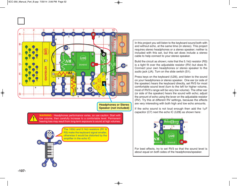 Project 216, Keyboard echo with stereo effects | Elenco Snap Circuits® Deluxe Sound & Light Combo User Manual | Page 108 / 168