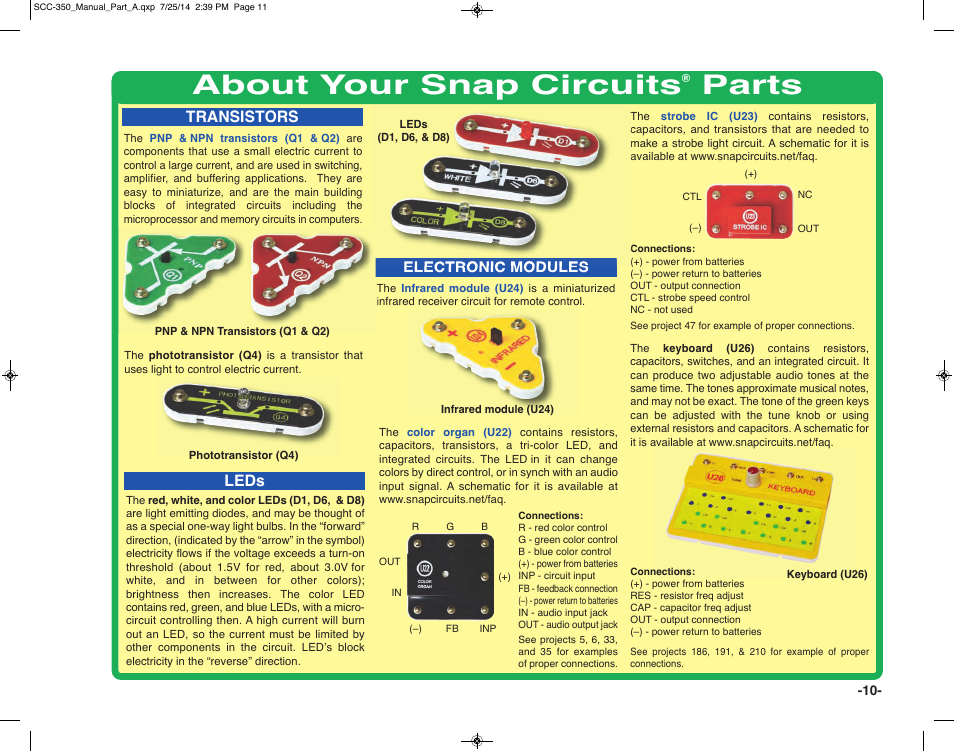 About your snap circuits, Parts, Transistors | Electronic modules, Leds | Elenco Snap Circuits® Deluxe Sound & Light Combo User Manual | Page 11 / 168
