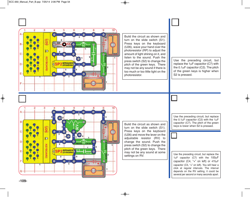 Project 221 adjustable dual range keyboard | Elenco Snap Circuits® Deluxe Sound & Light Combo User Manual | Page 110 / 168