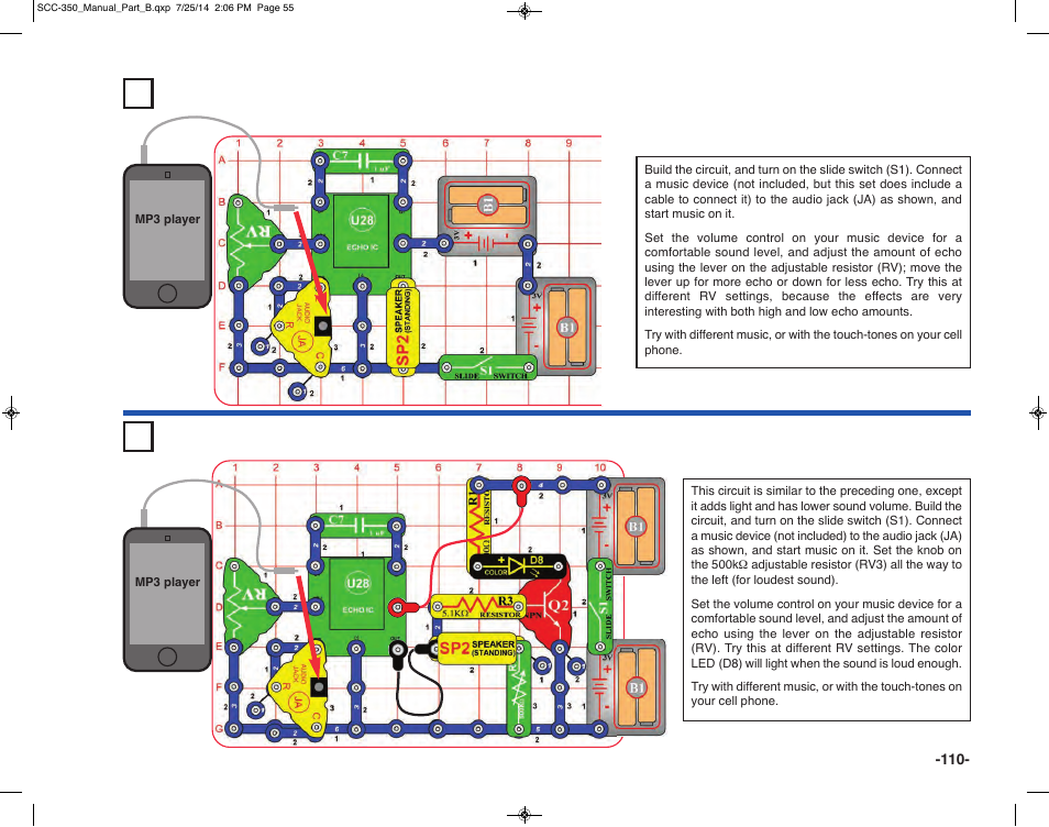 Project 224 your music with echo, Project 225 your music with echo and light | Elenco Snap Circuits® Deluxe Sound & Light Combo User Manual | Page 111 / 168