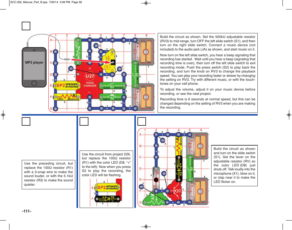 Project 226 your music speed changer, Project 229 sound on light, Project 227 your music speed changer (ii) | Project 228 your music speed changer (iii) | Elenco Snap Circuits® Deluxe Sound & Light Combo User Manual | Page 112 / 168
