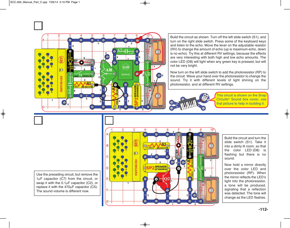 Project 230 super optical keyboard echo, Project 231 softer optical keyboard echo, Project 232 reflection detector | Elenco Snap Circuits® Deluxe Sound & Light Combo User Manual | Page 113 / 168