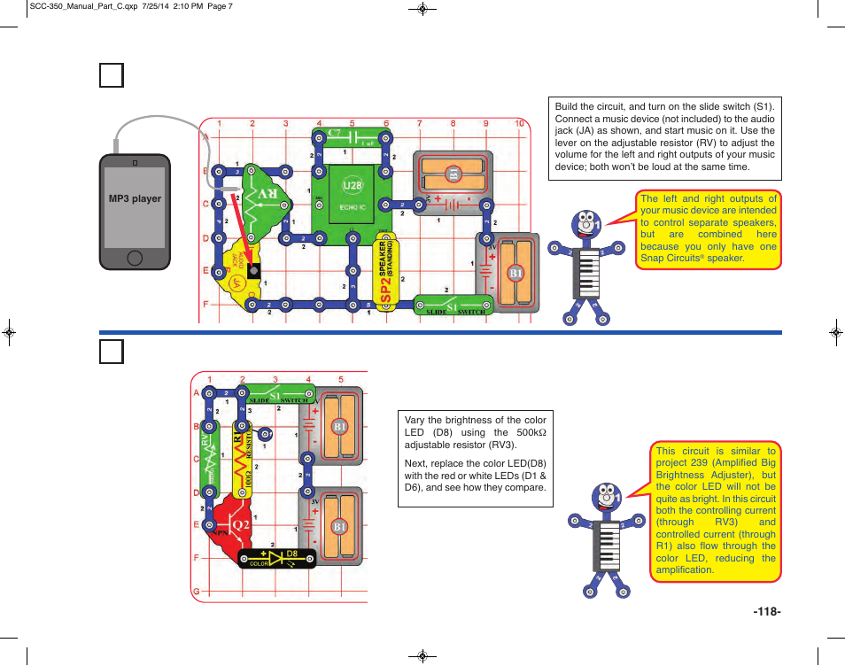 Project 246 l/r music amplifier, Project 247 another transistor amplifier | Elenco Snap Circuits® Deluxe Sound & Light Combo User Manual | Page 119 / 168