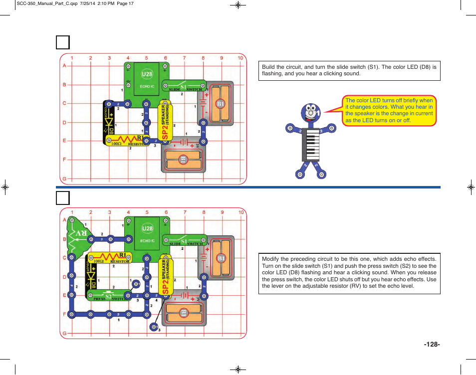 Project 285 clicker, Project 286 clicker with echo | Elenco Snap Circuits® Deluxe Sound & Light Combo User Manual | Page 129 / 168