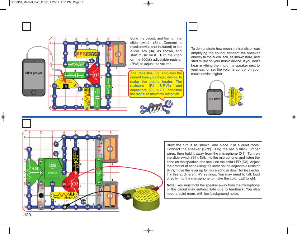 Project 287 3v audio amplifier, Project 288 mini music player, Project 289 voice echo with light | Elenco Snap Circuits® Deluxe Sound & Light Combo User Manual | Page 130 / 168