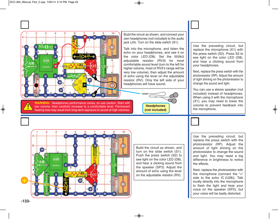 Project 302 echo light headphone, Project 304 press echo light, Project 303 echo light headphone variants | Project 305 photo echo light | Elenco Snap Circuits® Deluxe Sound & Light Combo User Manual | Page 134 / 168