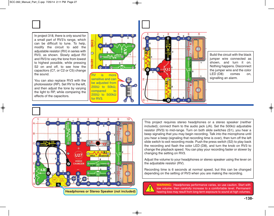 Project 321 voice changer with headphones, Project 319 tone stoppers (v), Project 320 alarm light | Elenco Snap Circuits® Deluxe Sound & Light Combo User Manual | Page 139 / 168