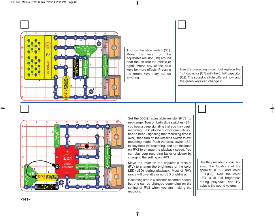 Project 328 color keyboard (v), Project 330 adjustable voice changer & light, Project 329 color keyboard (vi) | Project 331 adjustable voice changer & light (ii) | Elenco Snap Circuits® Deluxe Sound & Light Combo User Manual | Page 142 / 168