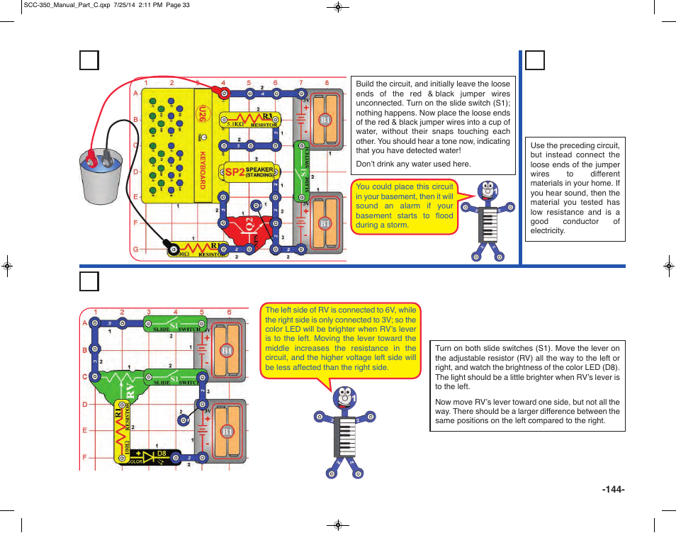 Project 340 high low light, Project 338 water alarm, Project 339 continuity tester | Elenco Snap Circuits® Deluxe Sound & Light Combo User Manual | Page 145 / 168