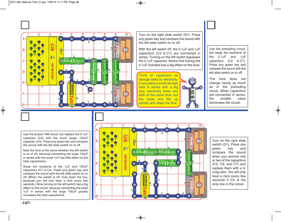 Project 351 more capacitors in series, Project 348 capacitors in series, Project 350 capacitors in series (iii) | Project 349 capacitors in series (ii) | Elenco Snap Circuits® Deluxe Sound & Light Combo User Manual | Page 148 / 168