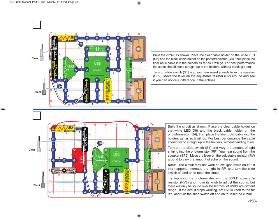 Project 378 fiber optic echo, Project 379 fiber strobe echo | Elenco Snap Circuits® Deluxe Sound & Light Combo User Manual | Page 159 / 168