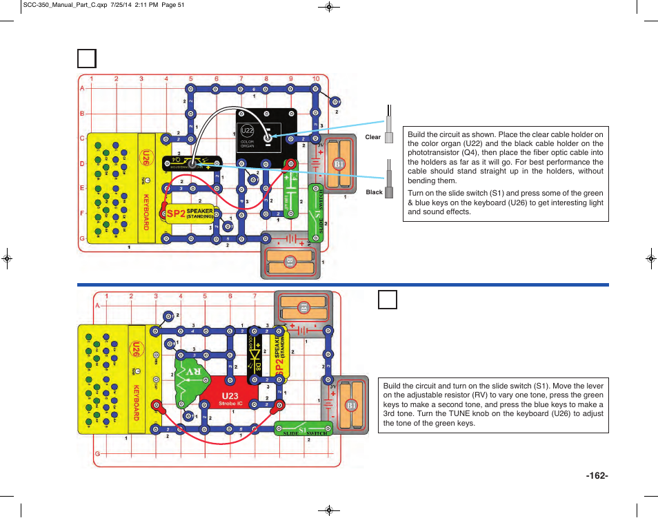 Project 387 funky fiber feedback, Project 388 3 tones & light | Elenco Snap Circuits® Deluxe Sound & Light Combo User Manual | Page 163 / 168