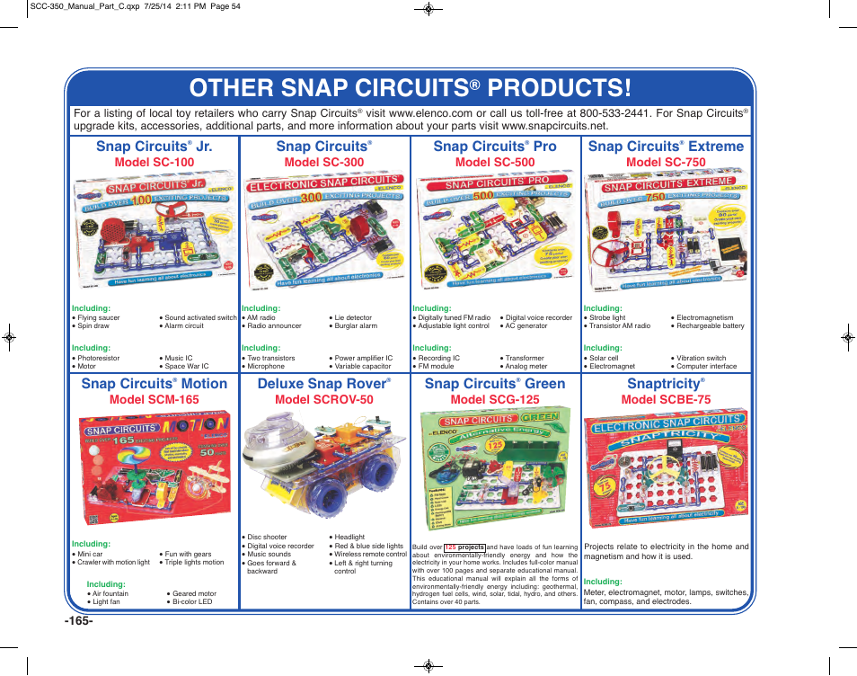 Other snap circuits, Products, Snap circuits | Extreme, Green, Snaptricity, Motion, Deluxe snap rover, Model sc-100, Model sc-300 | Elenco Snap Circuits® Deluxe Sound & Light Combo User Manual | Page 166 / 168