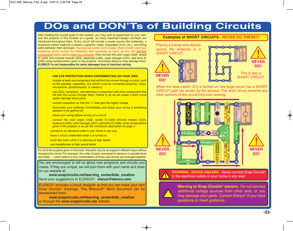 Dos and don’ts of building circuits | Elenco Snap Circuits® Deluxe Sound & Light Combo User Manual | Page 23 / 168