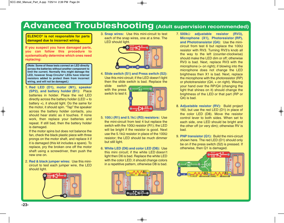 Advanced troubleshooting, Adult supervision recommended) | Elenco Snap Circuits® Deluxe Sound & Light Combo User Manual | Page 24 / 168