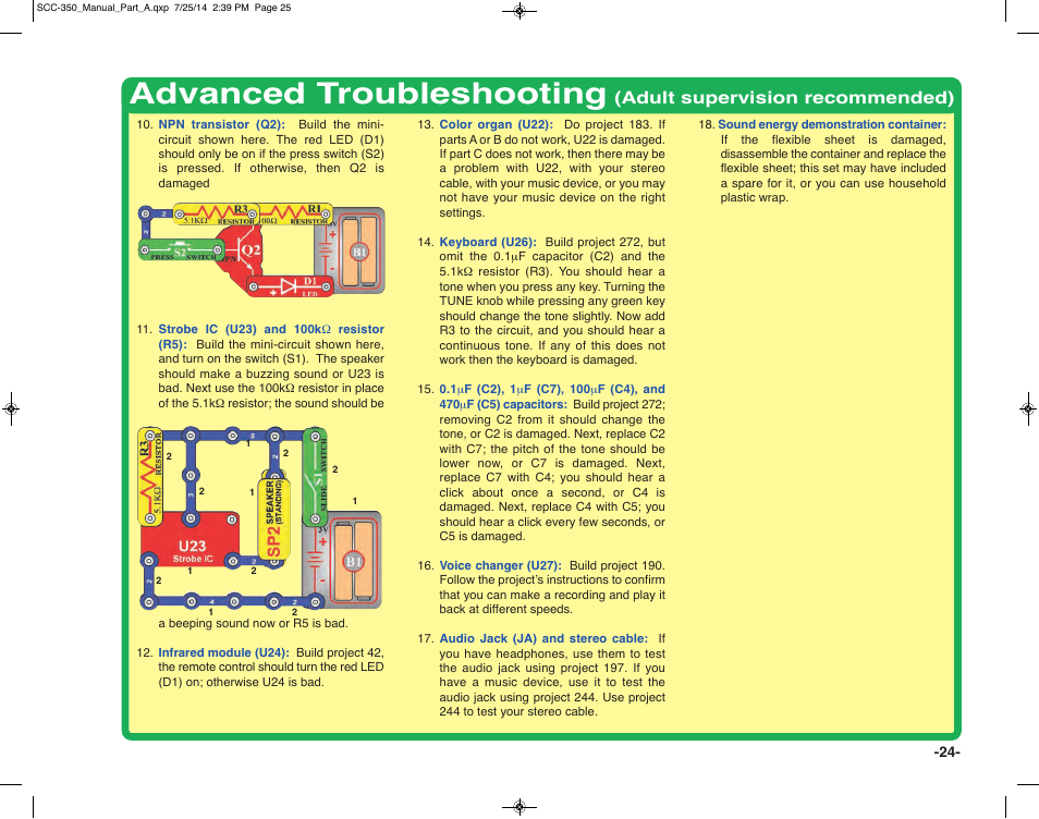 Advanced troubleshooting, Adult supervision recommended) | Elenco Snap Circuits® Deluxe Sound & Light Combo User Manual | Page 25 / 168