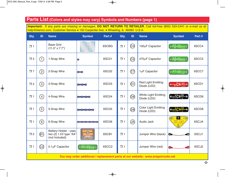 Parts list | Elenco Snap Circuits® Deluxe Sound & Light Combo User Manual | Page 3 / 168