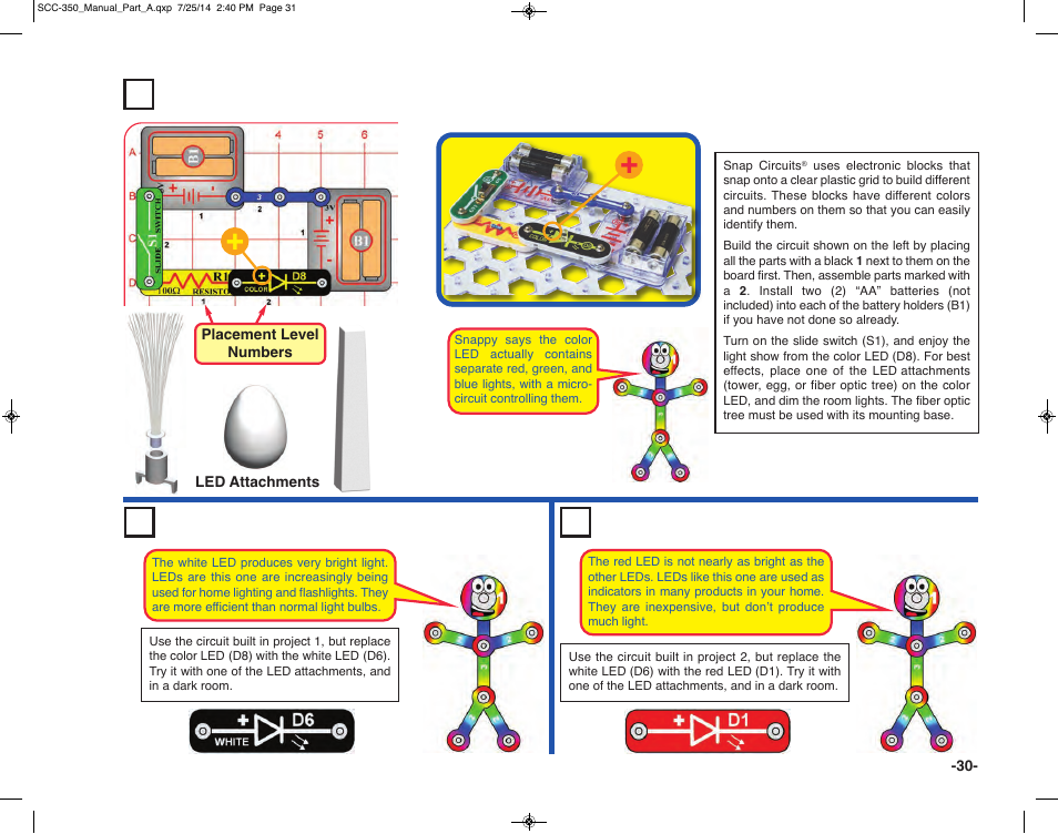 Project 1 color light, Project 2 white light project 3 red light | Elenco Snap Circuits® Deluxe Sound & Light Combo User Manual | Page 31 / 168