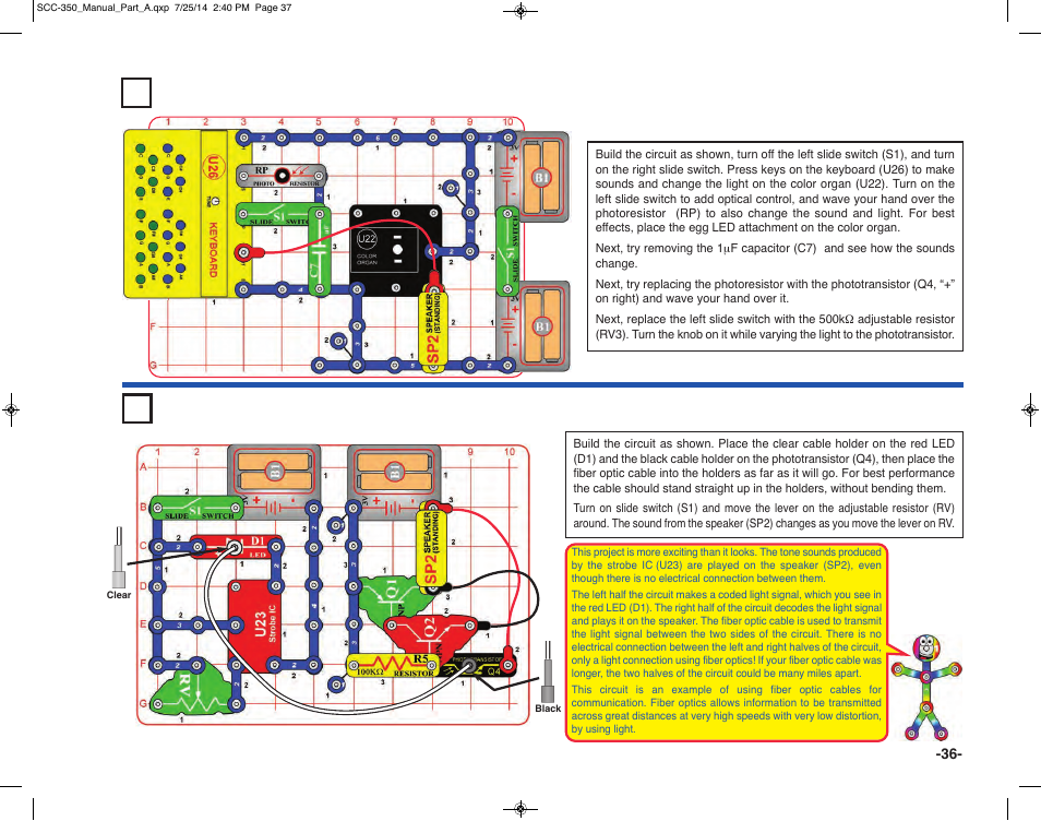 Fiber optics project 12, See the sound project 11 | Elenco Snap Circuits® Deluxe Sound & Light Combo User Manual | Page 37 / 168