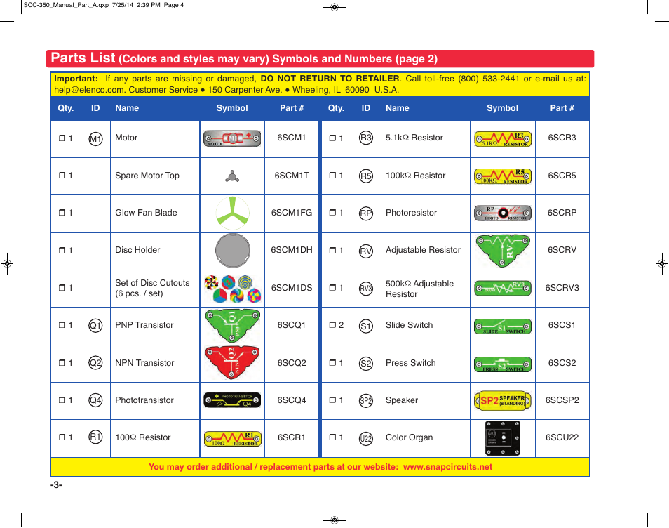 Parts list | Elenco Snap Circuits® Deluxe Sound & Light Combo User Manual | Page 4 / 168