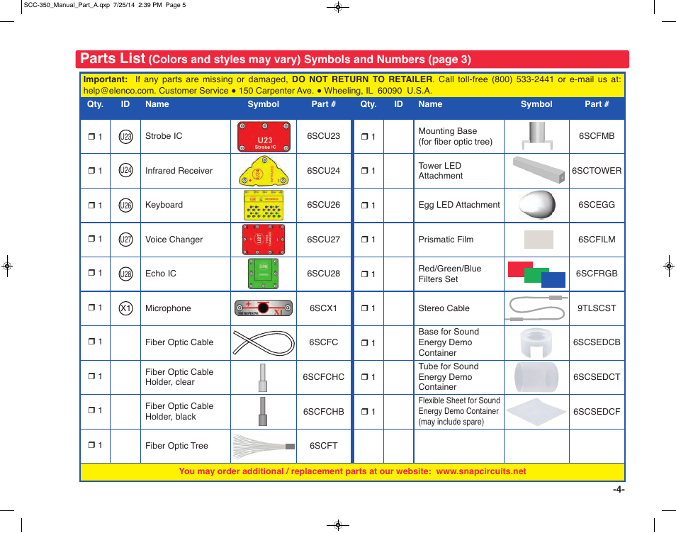 Parts list | Elenco Snap Circuits® Deluxe Sound & Light Combo User Manual | Page 5 / 168