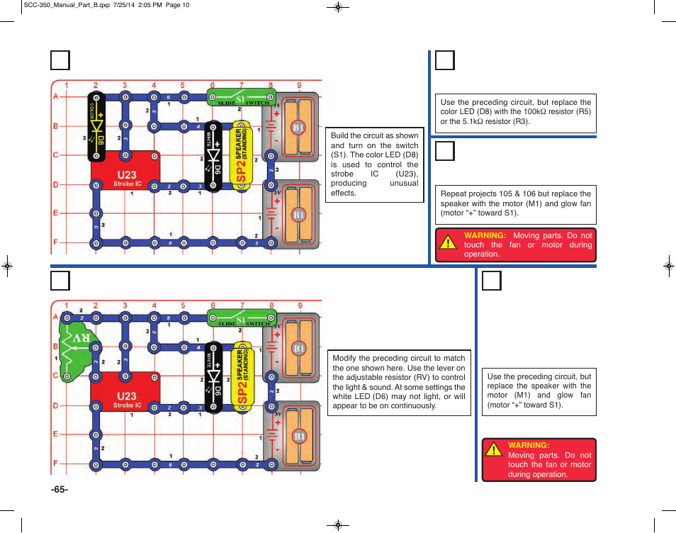 Project 105, Project 108, Funky light & sound | Adjustable light & sound, Project 109 adjustable light & motion | Elenco Snap Circuits® Deluxe Sound & Light Combo User Manual | Page 66 / 168