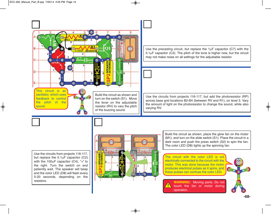 Light up the fan project 120, Project 117 higher pitch buzzer, Project 119 slow light & motion | Elenco Snap Circuits® Deluxe Sound & Light Combo User Manual | Page 69 / 168