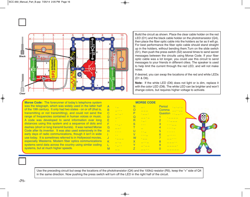 Project 130 morse code, Project 131 fiber shut-off | Elenco Snap Circuits® Deluxe Sound & Light Combo User Manual | Page 72 / 168