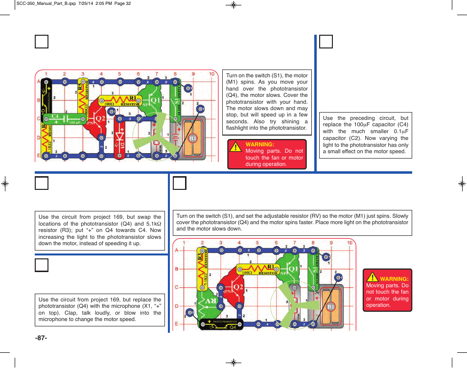 Project 169 delayed photo speed control, Project 173 photo speed control, Project 170 delayed speed control | Elenco Snap Circuits® Deluxe Sound & Light Combo User Manual | Page 88 / 168