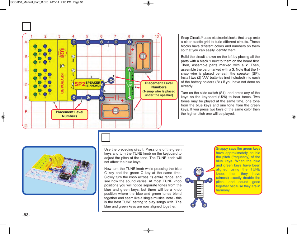 Project 184 electronic keyboard, Project 185 aligning the keyboard | Elenco Snap Circuits® Deluxe Sound & Light Combo User Manual | Page 94 / 168