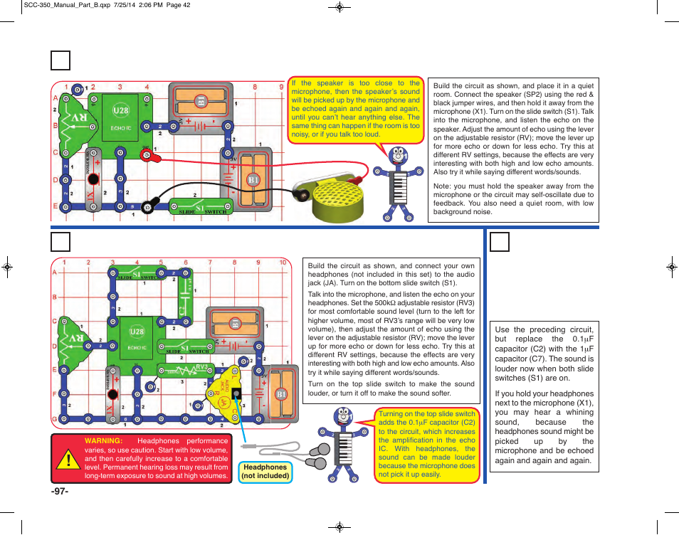 Project 195 louder echo with headphones | Elenco Snap Circuits® Deluxe Sound & Light Combo User Manual | Page 98 / 168