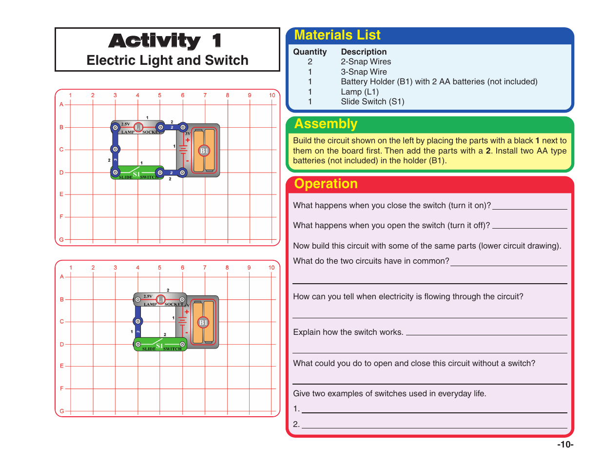 Activity 1, Electric light and switch, Materials list | Assembly, Operation | Elenco Snap Circuits® Home Learning User Manual | Page 11 / 48