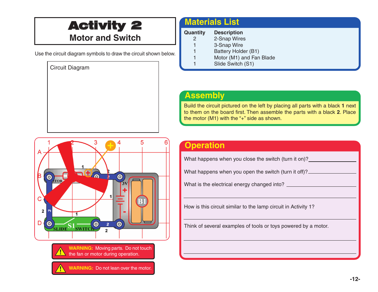 Activity 2, Motor and switch, Materials list | Assembly, Operation | Elenco Snap Circuits® Home Learning User Manual | Page 13 / 48